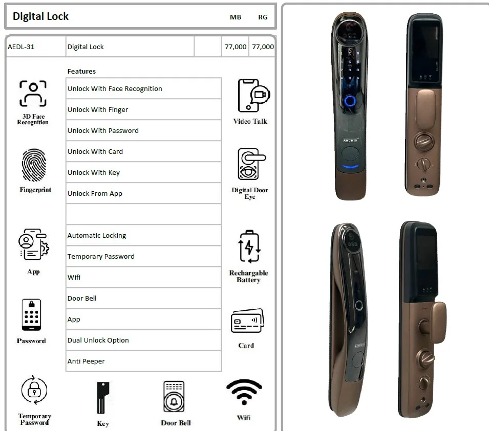 Archis AEDL-31 Digital Lock front and side views in bronze finish — full spec sheet
