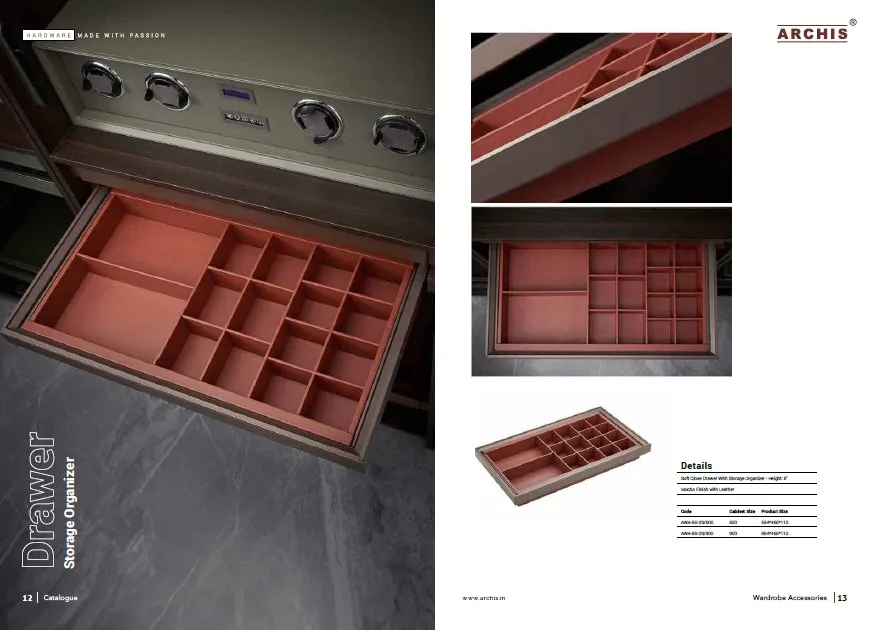 Archis Drawer Storage Organiser open showing leather grid compartments
