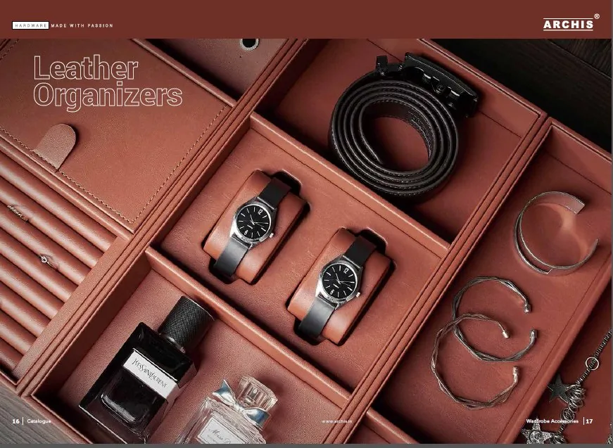 Archis Leather Organizers — watches, belts, fragrance arranged in tan leather tray