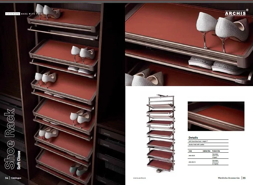 Archis Soft Close Shoe Rack multi-layer pull-out in dark walnut wardrobe