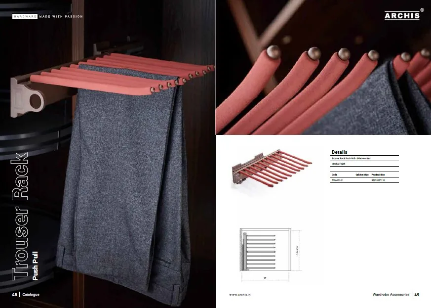 Archis Trouser Rack Push Pull side-mounted with Mocha leather rods
