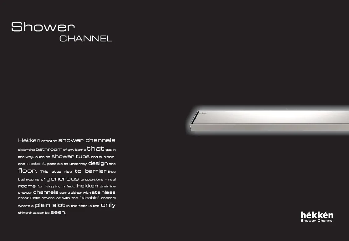 hékkén Shower Channel brand — stainless steel channel on dark background