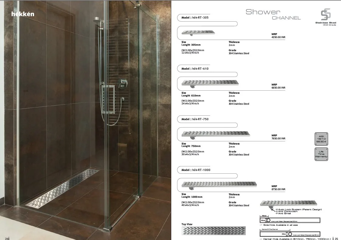 hékkén Shower Channel RT Series — stainless steel grate in dark tile shower with glass partition
