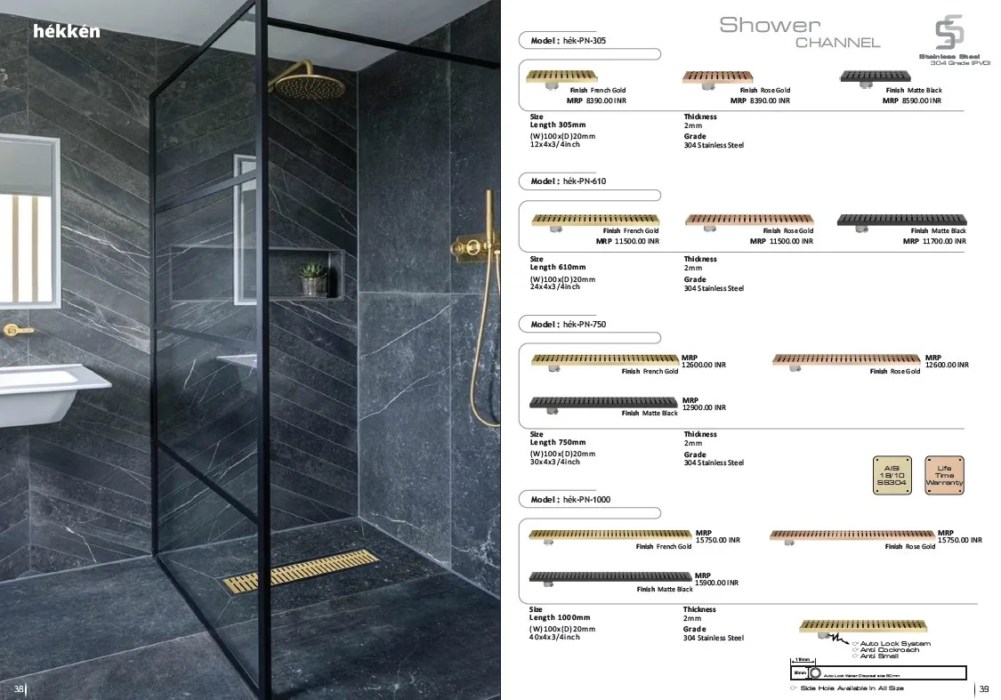 hékkén Shower Channel PN Series — French Gold finish in black marble shower enclosure