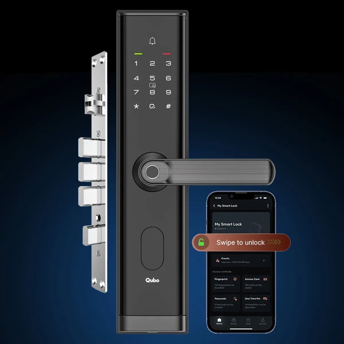 Qubo Nova Smart Door Lock 7 Way Access (Black, Copper)