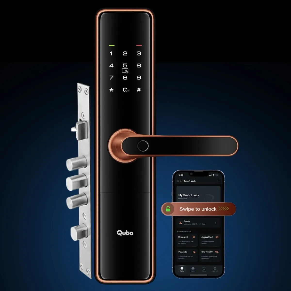 Qubo Ultra Wi-Fi Smart Door Lock 8 Way Access (Black, Copper)