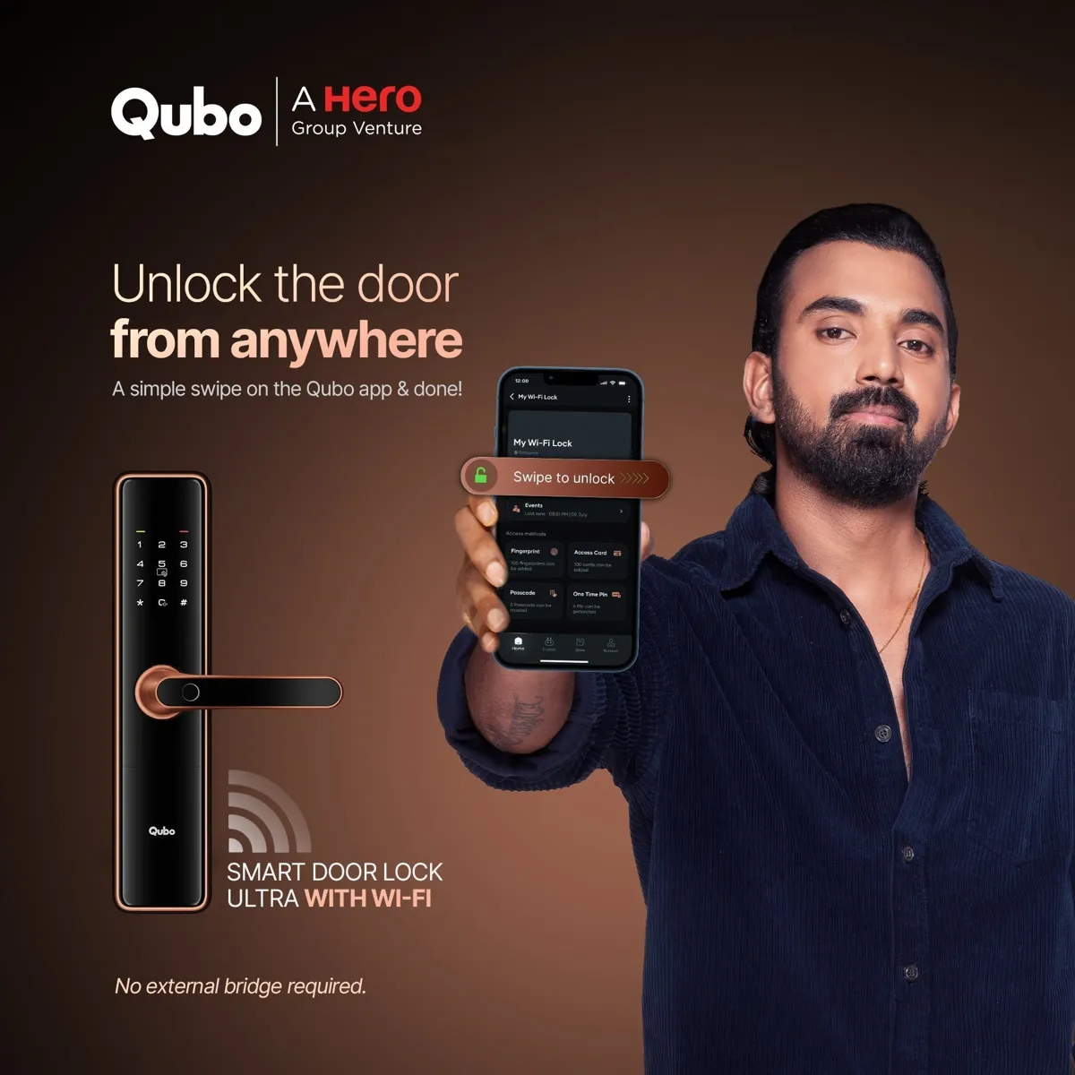 Qubo Ultra Wi-Fi Smart Door Lock 8 Way Access (Black, Copper) photo 2