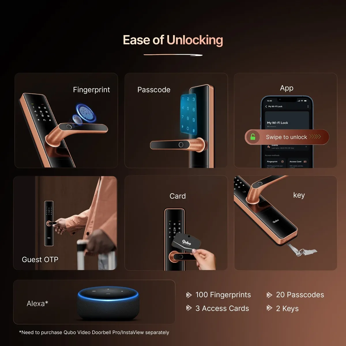 Qubo Ultra Wi-Fi Smart Door Lock 8 Way Access (Black, Copper) photo 4